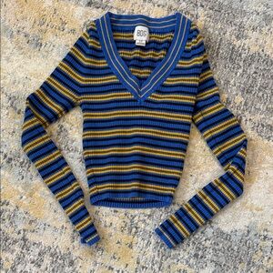 BDG/URBAN OUTFITTERS Women's Striped V-Neck Sweater - Blue and Gold, S/P